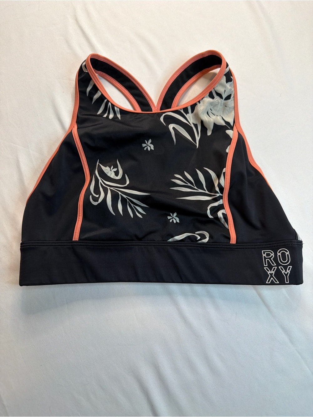 Roxy Black Floral Sports Bra with Coral Trim